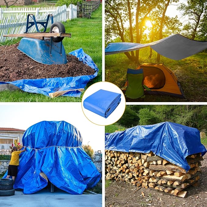 Tarp 12x16 Feet 14 Mil Heavy Duty Waterproof Tarp, Large Multipurpose Cover with Brass Grommets and Reinforced Edges, UV Resistant Thick Poly Tarps for Outdoor Camping Tent Pool Car, Blue