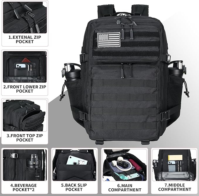 45L Tactical Assault Backpack 3 day assault pack with Molle Waterproof backpack Rucksack for Tactical Backpacks (Black)