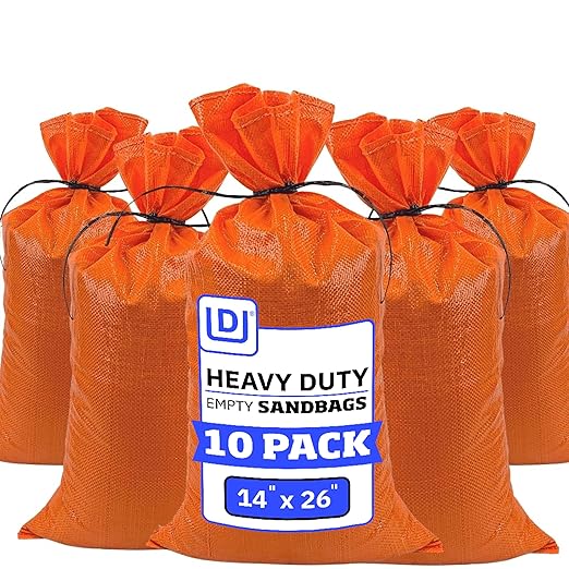 DURASACK Heavy Duty Sand Bags with Tie Strings Empty Woven Polypropylene Sand-Bags for Flood Control with 1600 Hours of UV Protection, 50 lbs Capacity, 14x26 inches, Orange, Pack of 10