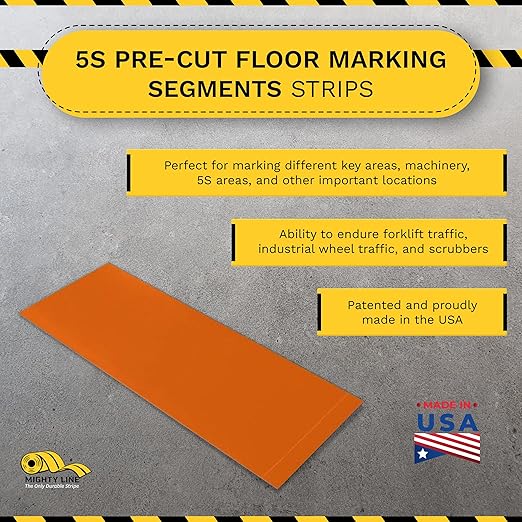 Mighty Line Floor Marking Tape Strips for Safety, Caution, Warning, Heavy-Duty, Peel and Stick, Adhesive, Industrial Quality, Orange, 4" by 10"