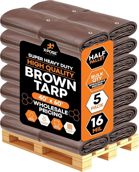 Super Heavy Duty Brown Poly Tarp 40' x 60' - Bulk Half Pallet (5 Pack) Thick Waterproof, UV Blocking Protective Cover - 16 Mil Thick Polyethylene - by Xpose Safety
