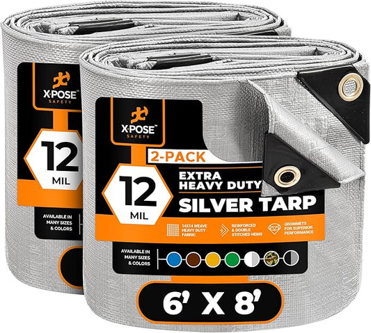Heavy Duty Silver Poly Tarp 6' X 8' (2-Pack) - Multipurpose Protective Cover - Durable, Waterproof, Weather Proof, Rip and Tear Resistant - Extra Thick 12 Mil Polyethylene - by Xpose Safety
