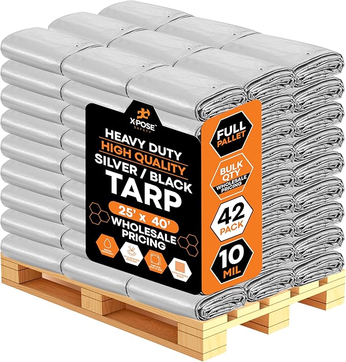 Heavy Duty Poly Tarp 25' x 40' - Bulk Full Pallet (42 Pack) Thick Waterproof, UV Blocking Protective Cover - Reversible Silver & Black - 10 Mil Thick Polyethylene - by Xpose Safety
