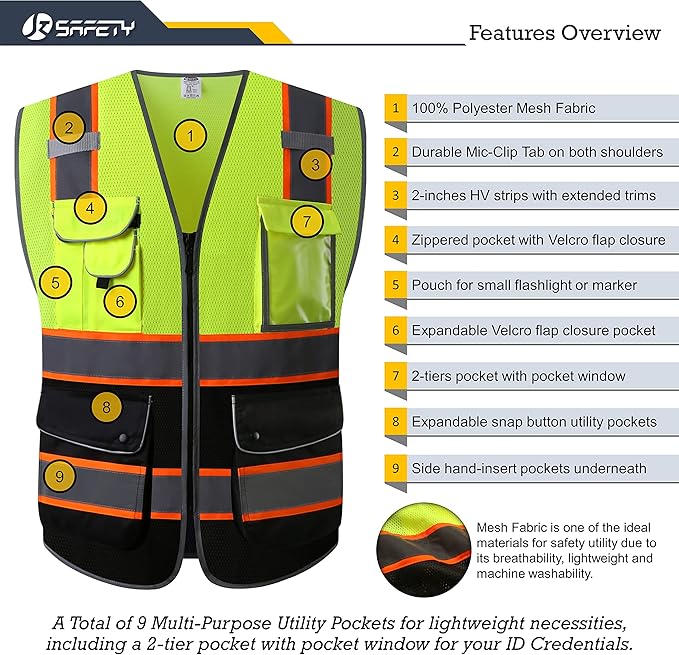JKSafety 9 Pockets High Visibility Dual Color Zipper Front MESH Lite Safety Vest | Orange Color Triming Reflective Strip | ANSI/ISEA Standards (100-Yellow-Black, XL)
