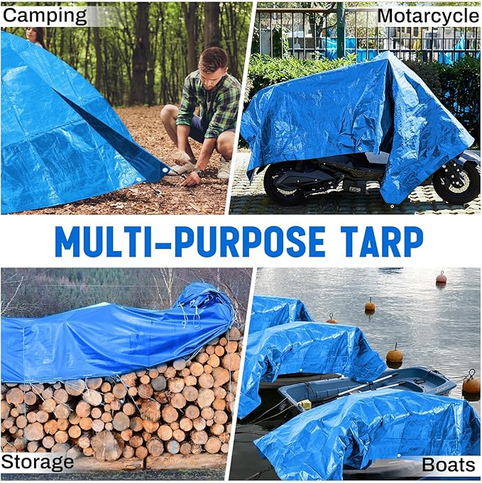 8 Pack 4 x 6 ft 5.5 Mil Small Tarps Heavy Duty Waterproof Tarp Multi Purpose Tent Cover for Home Boats Cars Camping Patio Furniture Roof Emergency Rain Protective Cover, Blue