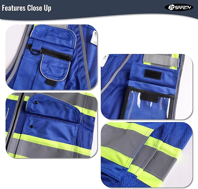 JKSafety 11 Pockets Hi-Vis Blue Mesh Safety Vest for Men Women High Visibility Reflective Construction with Zipper Work Utility PPE Work Gear ANSI/ISEA compliant (102-Blue 5XL)