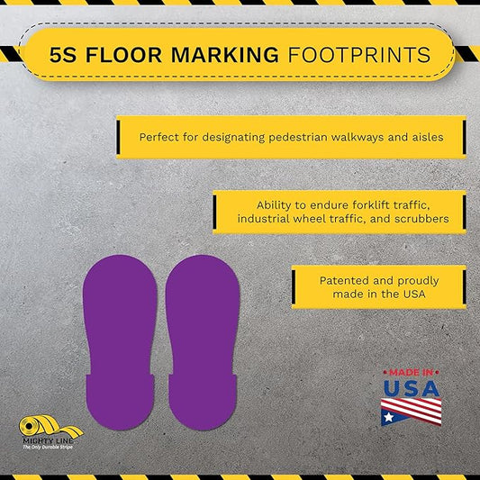 Mighty Line Big Footprints Floor Marking Tape for Safety, Caution, Warning, Heavy-Duty, Peel and Stick, Adhesive, Industrial Quality, 12" Long x 5" Wide, Purple, Pack of 50
