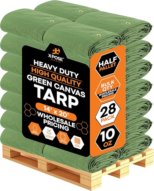 Xpose Safety 10oz Green Canvas Tarps 14' x 20' – Bulk Half Pallet (28 Packs) – Multipurpose Heavy Duty Water-Resistant Tarpaulin with Brass Grommets for Camping, Canopy & Equipment Protection