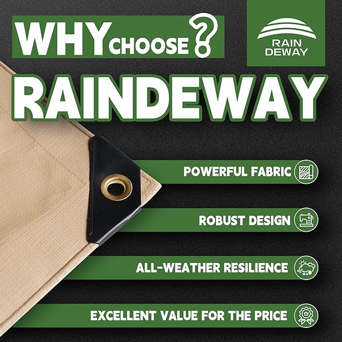 RAINDEWAY 10x20 Feet Heavy Duty Tarp,12 Mil Tan Waterproof Poly Tarp Cover,UV Resistant,Weatherproof,Durable,Multipurpose Tarps with Grommets and Reinforced Edges
