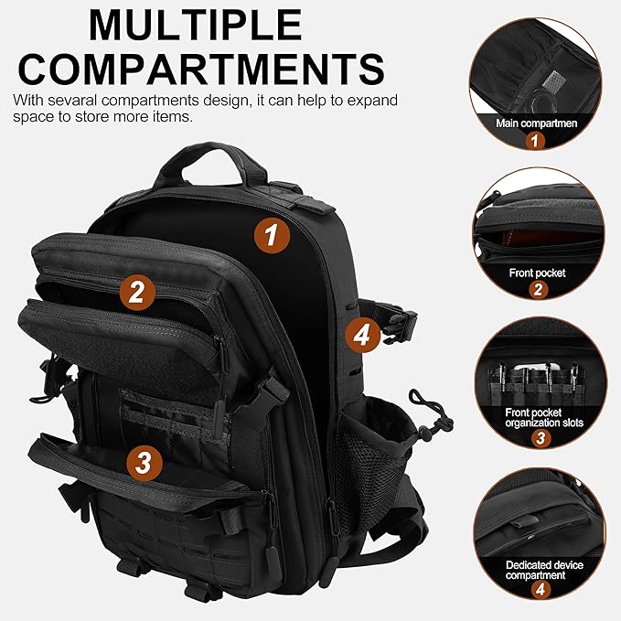 LHI Tactical Military Backpack for Men 25L/45L Large Molle Army Assault Pack 3 Day Hiking Rucksack With Bottle Holder