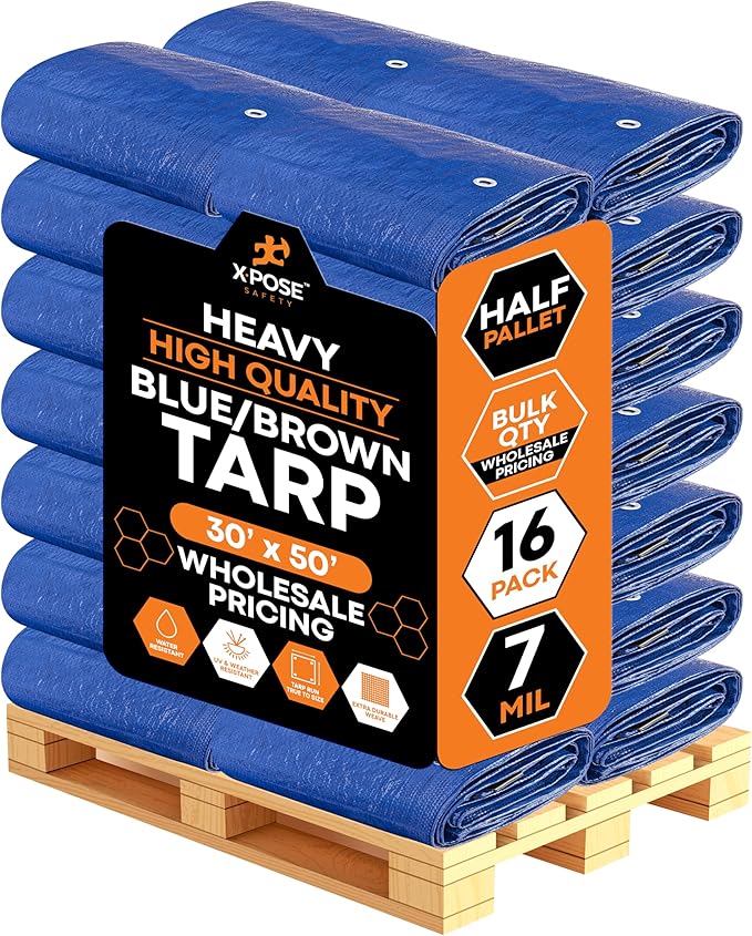 Heavy Blue & Brown Tarp 30' x 50'- Bulk Half Pallet (16 Pack) Weatherproof, Camping, Rain, Wind & Sun - 7 Mil Plastic Tarp Outdoor Cover for Roof, Trailer, RV, Car, Boat - by Xpose Safety