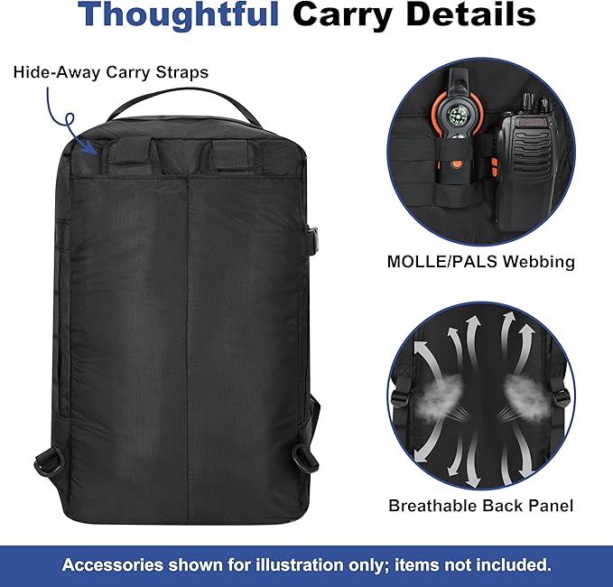40L Military Tactical Backpack for Men 3 in 1 with MOLLE System Waterproof 600D Black Backpack for Travel Outdoor Sports Camping and Weekend Trips (Black)