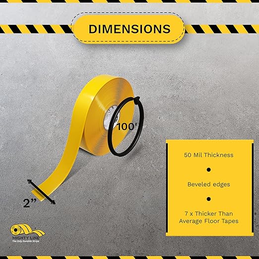 Mighty Line Solid Floor Marking Tape for Safety, Caution, Warning, Heavy-Duty, Peel and Stick Adhesive, Beveled Edge Design, Industrial Quality, 2 inch, 100' Roll, Yellow