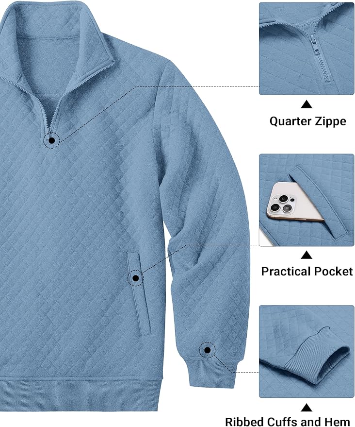 COOFANDY Mens Quarter Zip Pullover Quilted Sweatshirt Knit Long Sleeve Mock Neck Sweater Polo with Pocket