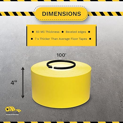 Mighty Line UltraLine Solid Floor Marking Tape for Safety, Caution, Warning, Heavy-Duty, Peel and Stick Adhesive, Beveled Edge Design, Industrial Quality, 4 Inch, 100' Roll, Yellow