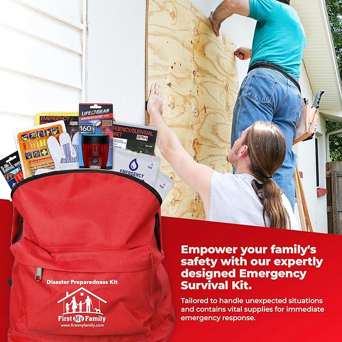 First My Family All-in-One Premium 2-Person Emergency Survival Kit | Hurricane & Earthquake Preparedness Supplies | Disaster Backpack with 72-Hour Survival Gear, First Aid, and More