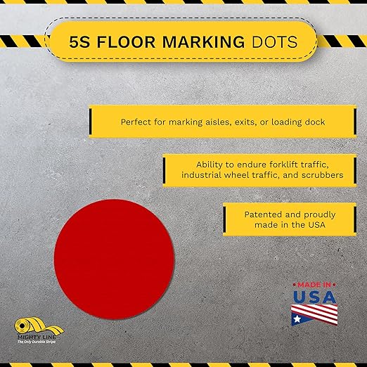 Mighty Line 1" Solid Dot Shaped Floor Marking Tape for Safety, Caution, Warning, Heavy-Duty, Peel and Stick, Adhesive Circle Spots, Industrial Quality, Red, Pack of 200