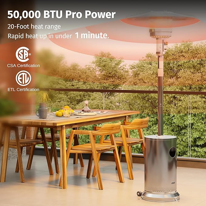 EAST OAK Anti-rust 50,000 BTU Patio Heater for Outdoor Use With Double-Layer Stainless Steel Burner, Round Table Design and Wheels, Outdoor Patio Heater for Home and Commercial, Stainless Steel