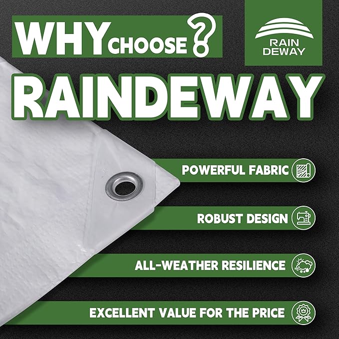 RAINDEWAY Tarps 10x12 Feet Tarp Waterproof,7Mil Thick,Finished Size,UV Resistant,Multipurpose Poly Tarp Cover with Metal Grommets and Reinforced Edges,White Tarps