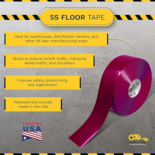 Mighty Line Solid Floor Marking Tape for Safety, Caution, Warning, Heavy-Duty, Peel and Stick Adhesive, Beveled Edge Design, Industrial Quality, 3 inch, 100' Roll, Purple