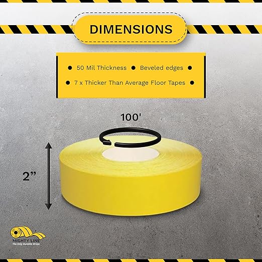 Mighty Line UltraLine Solid Floor Marking Tape for Safety, Caution, Warning, Heavy-Duty, Peel and Stick Adhesive, Beveled Edge Design, Industrial Quality, 2 Inch, 100' Roll, Yellow