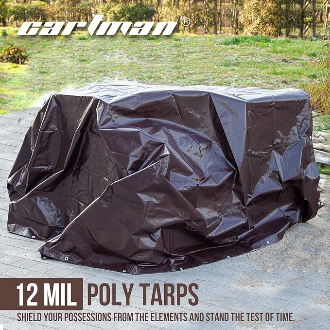 CARTMAN Finished Size 10x12 Feet Extra Thick 12 Mil Heavy Duty Poly Tarp, Multipurpose Protective Cover, UV Resistant, Waterproof Poly Tarpaulin with Reinforced Edges