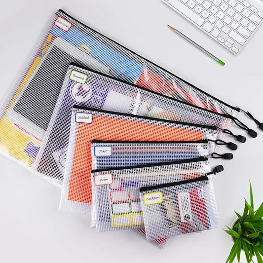12 Pcs Plastic Mesh Zip File Bags, Waterproof Tear-Resistant Document File Folders, MultiSize Zipper Documents Pouch Organizer Bags for School Office Home Travel Storage(6 Sizes)