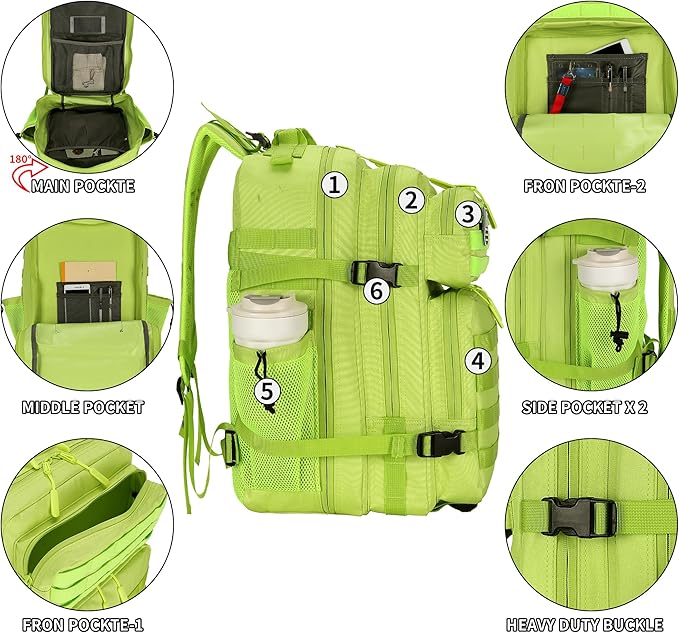 25L Tactical Backpack for Men and Women Small Military Tactical Backpack Heavy Duty Molle Assault Pack Daypack for Hiking Camping Travel Work Gym Outdoors (Bright Green)