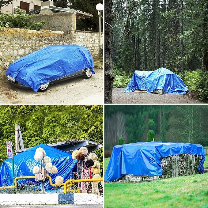 Small Tarp, Tarps Heavy Duty Waterproof 8x8, Waterproof Plastic Poly 16 Mil Thick Tarpaulin with Metal Grommets Every 19.5 Inches - Emergency Rain Shelter, Outdoor Cover, and Camping Use