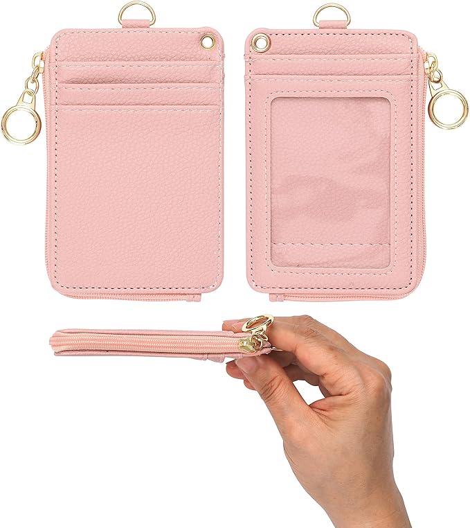 2-in-1 ID Badge Holder & Lanyard Wallet - Multi-Use Womens Small Wallet with Removable Wristlet & Neck Lanyard, Clear Window, 5 Card Slots, Phone Holder, Ring Keychain - Nude Pink