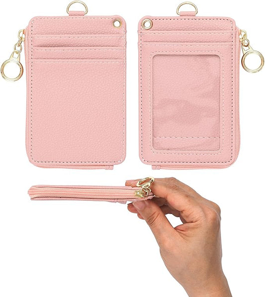 2-in-1 ID Badge Holder & Lanyard Wallet - Multi-Use Womens Small Wallet with Removable Wristlet & Neck Lanyard, Clear Window, 5 Card Slots, Phone Holder, Ring Keychain - Nude Pink