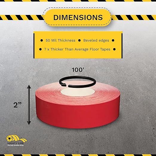 Mighty Line UltraLine Solid Floor Marking Tape for Safety, Caution, Warning, Heavy-Duty, Peel and Stick Adhesive, Beveled Edge Design, Industrial Quality, 2 Inch, 100' Roll, Red