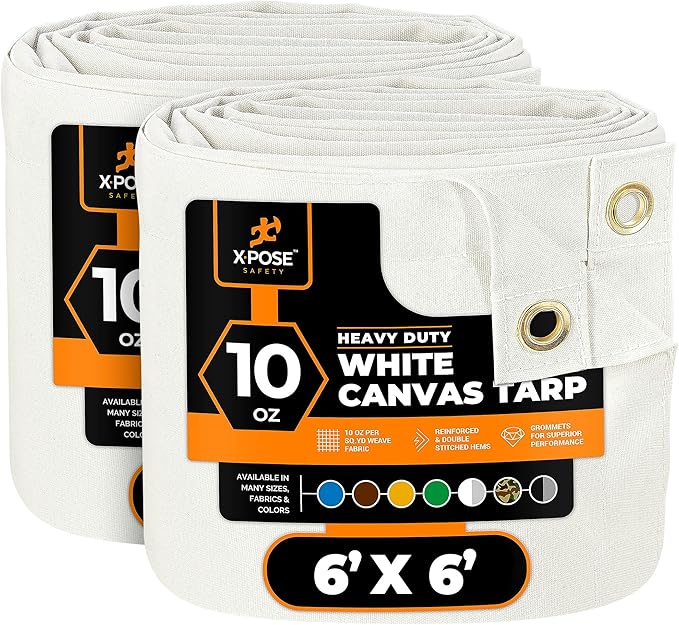 Xpose Safety Canvas Tarp - 10oz White Canvas Tarps Heavy Duty Water Resistant with Brass Grommets- Multipurpose Outdoor Tarpaulin for Camping, Canopy, Trailer, Equipment Cover 6' x 6' (2 Pack)