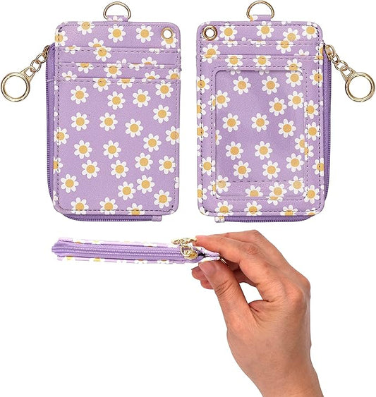 2-in-1 ID Badge Holder & Lanyard Wallet - Multi-Use Womens Small Wallet with Removable Wristlet & Neck Lanyard, Clear Window, 5 Card Slots, Phone Holder, Ring Keychain - Purple Daisies