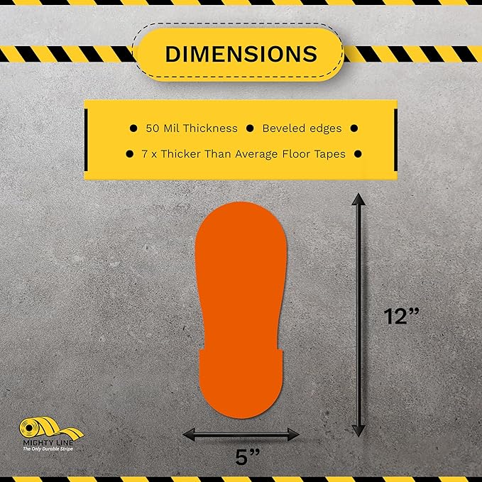 Mighty Line Big Footprints Floor Marking Tape for Safety, Caution, Warning, Heavy-Duty, Peel and Stick, Adhesive, Industrial Quality, 12" Long x 5" Wide, Orange, Pack of 50