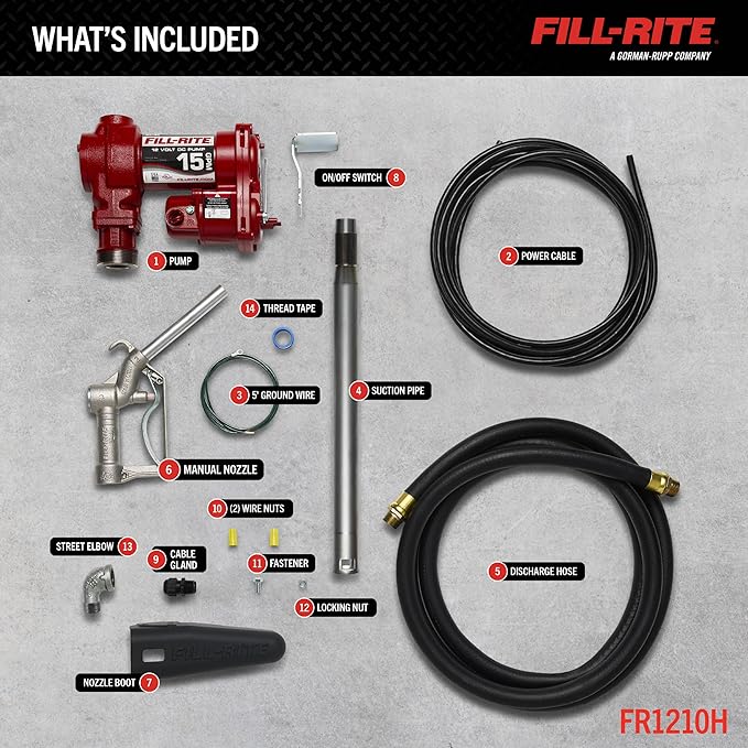 Fill-Rite FR1210H 12V 15 GPM Fuel Transfer Pump with Discharge Hose & Manual Nozzle | Gasoline, Diesel, Kerosene, Ethanol & Methanol Blends & Biodiesel