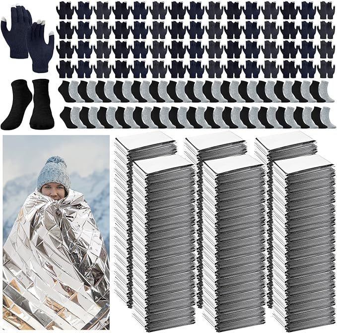 180 Pcs Homeless Care Package Supplies Bulk Winter Emergency Thermal Blankets Warm Socks Touchscreen Gloves Space Blanket Survival for Cold Weather Outdoor for Men Women(Classic Colors)