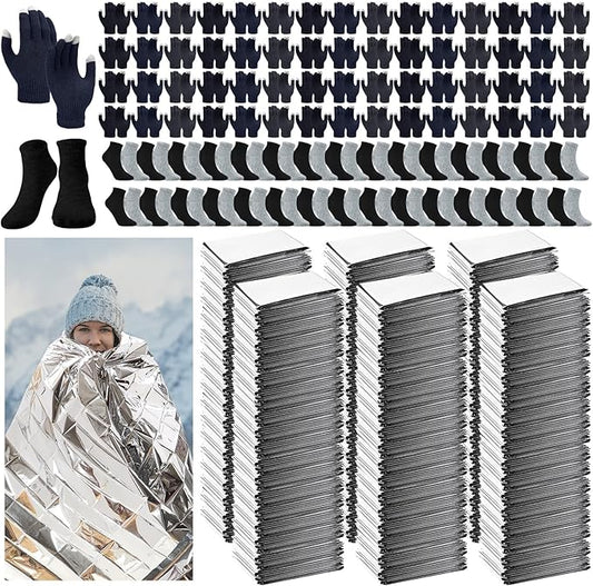 180 Pcs Homeless Care Package Supplies Bulk Winter Emergency Thermal Blankets Warm Socks Touchscreen Gloves Space Blanket Survival for Cold Weather Outdoor for Men Women(Classic Colors)