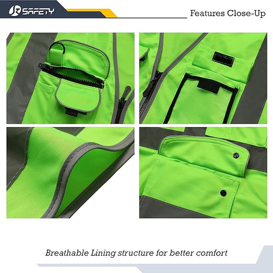 JKSafety 9 Pockets Class 2 High Visibility Zipper Front Safety Vest With Reflective Strips, Meets ANSI/ISEA Standards (Large, 150-Green)
