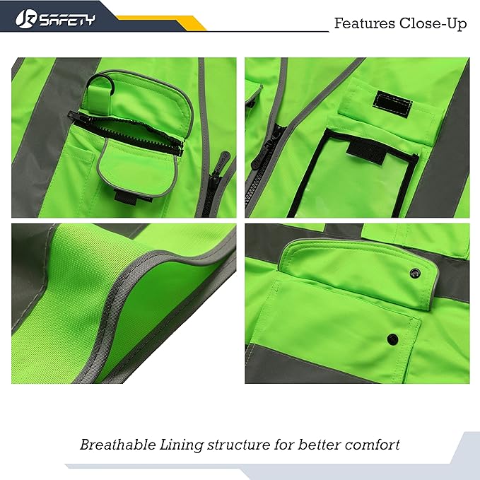 JKSafety 9 Pockets Class 2 High Visibility Zipper Front Safety Vest With Reflective Strips, Meets ANSI/ISEA Standards (150-Green, 3X-Large)