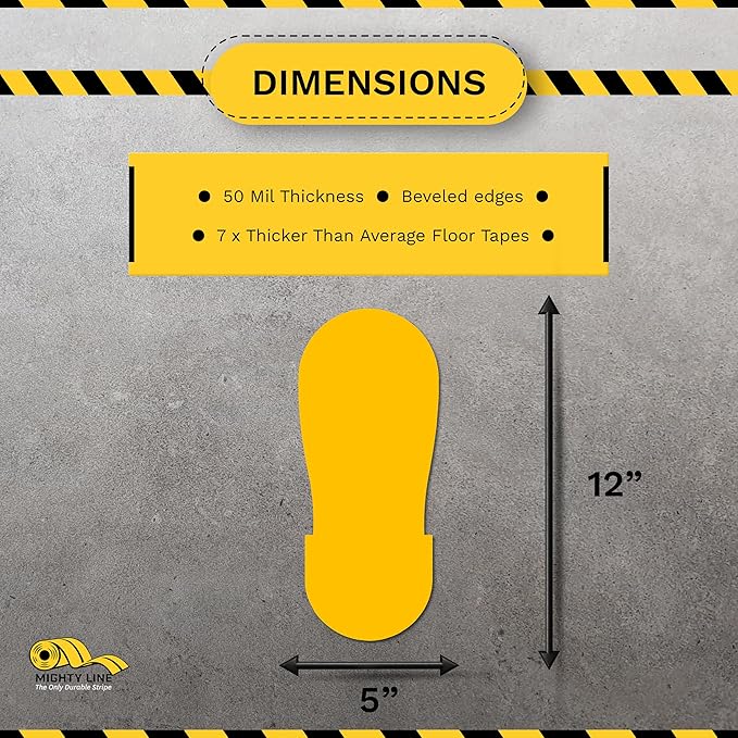 Mighty Line Big Footprints Floor Marking Tape for Safety, Caution, Warning, Heavy-Duty, Peel and Stick, Adhesive, Industrial Quality, 12" Long x 5" Wide, Yellow, Pack of 50