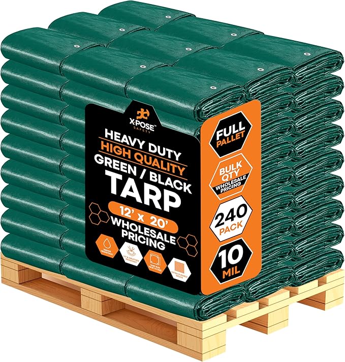 Heavy Duty Poly Tarp 12' x 20' - Bulk Full Pallet (240 Pack) Thick Waterproof, UV Blocking Protective Cover - Reversible Green & Black - 10 Mil Thick Polyethylene - by Xpose Safety