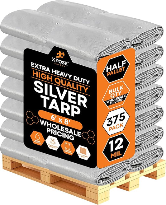 Heavy Duty Silver Poly Tarp 6' X 8' - Bulk Half Pallet (375 Pack) - Multipurpose Protective Cover - Durable, Weather Proof & Tear Resistant - 12 Mil Thick Polyethylene - by Xpose Safety