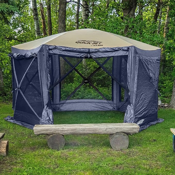 CLAM 12.5 x 12.5 Feet Quick-Set Pavilion Portable Outdoor Canopy Shelter, Slate Blue – Pop-Up Gazebo Camping Tent with Wind Panels and Bug Mesh Screen