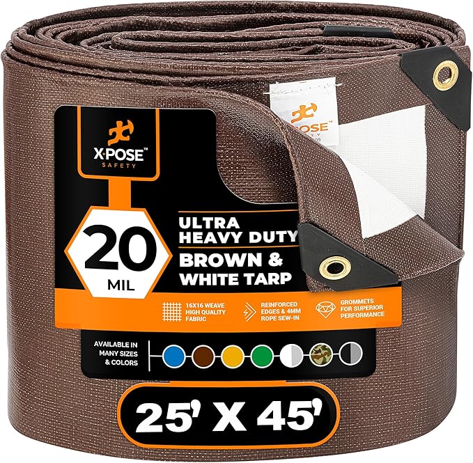 25' x 45' Brown/White Ultra Heavy Duty Tarp - 20 Mil Tarps Heavy Duty Waterproof 25X45 - Extra Large Outdoor, Waterproof Cover for Rain Camping, Tent, UV Protection, Reinforced Corners