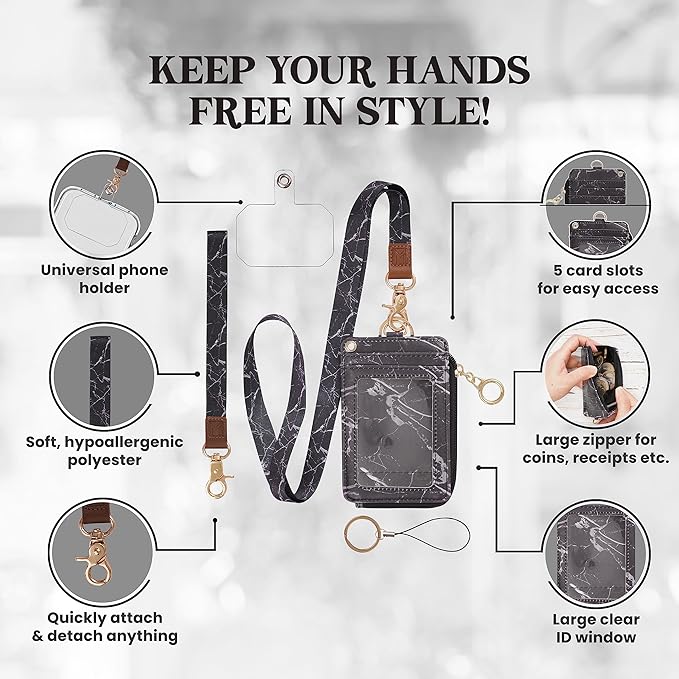 2-in-1 ID Badge Holder & Lanyard Wallet - Multi-Use Womens Small Wallet with Removable Wristlet & Neck Lanyard, Clear Window, 5 Card Slots, Phone Holder, Ring Keychain - Black Marble