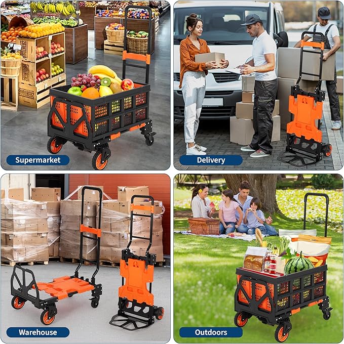 Folding Hand Truck, 330 LB Heavy Duty Dolly Cart with Foldable Basket, Foldable Hand Truck with Bungee Rope, Rubber Wheels and Retractable Handle for Luggage, Travel, Moving, Office