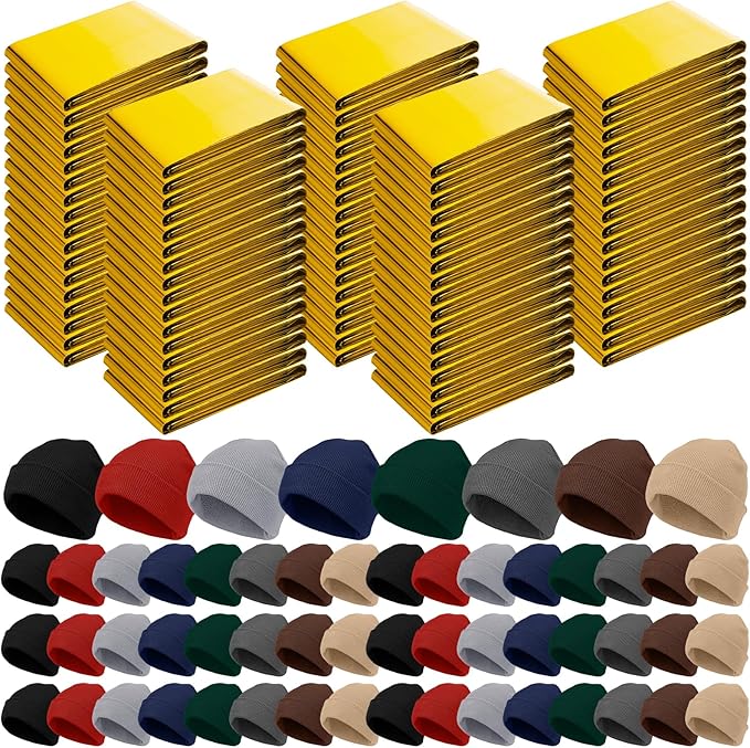 120 Pcs Emergency Blanket Beanie Hat Bulk Homeless Package Care Supplies Survival Kit for Cold Weather Outdoor Camping Hiking (Neutral)