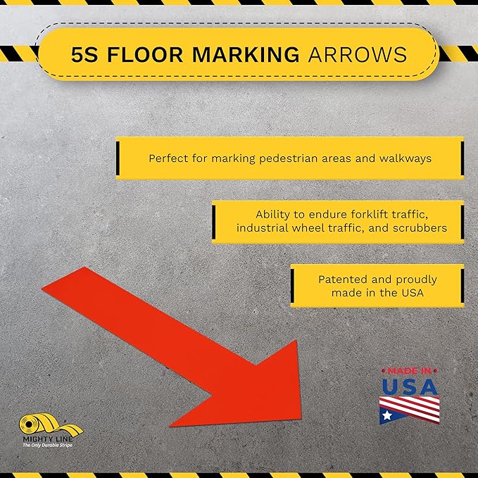 Mighty Line Solid Arrows Directional Sticker Sign Floor Marking Tape for Safety, Caution, Warning, Heavy-Duty, Peel and Stick Adhesive, Industrial Quality, Red, 10"x6", 50 Pack