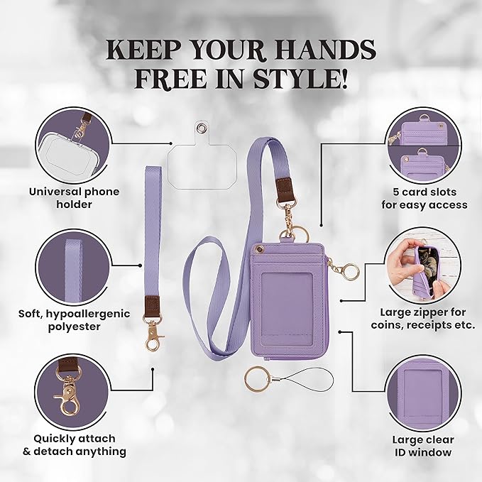 2-in-1 ID Badge Holder & Lanyard Wallet - Multi-Use Womens Small Wallet with Removable Wristlet & Neck Lanyard, Clear Window, 5 Card Slots, Phone Holder, Ring Keychain - Purple